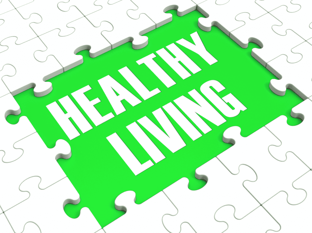 Puzzle that says "healthy living."